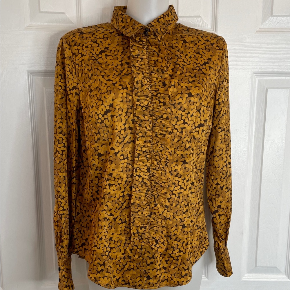 NEW YORK & CO LONG SLEEVE BUTTON DOWN BLOUSE RUFFLE TOP BROWN & GOLD SZ L NWT